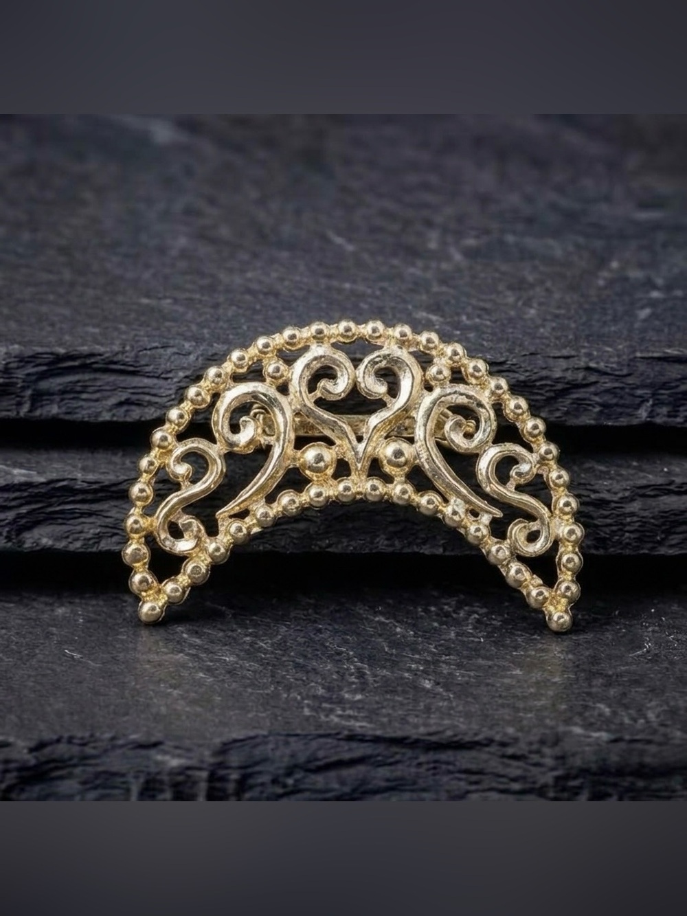 Vintage 70s Val Retro Crescent Moon Scroll Filigree Open Metal Work Brooch Pin